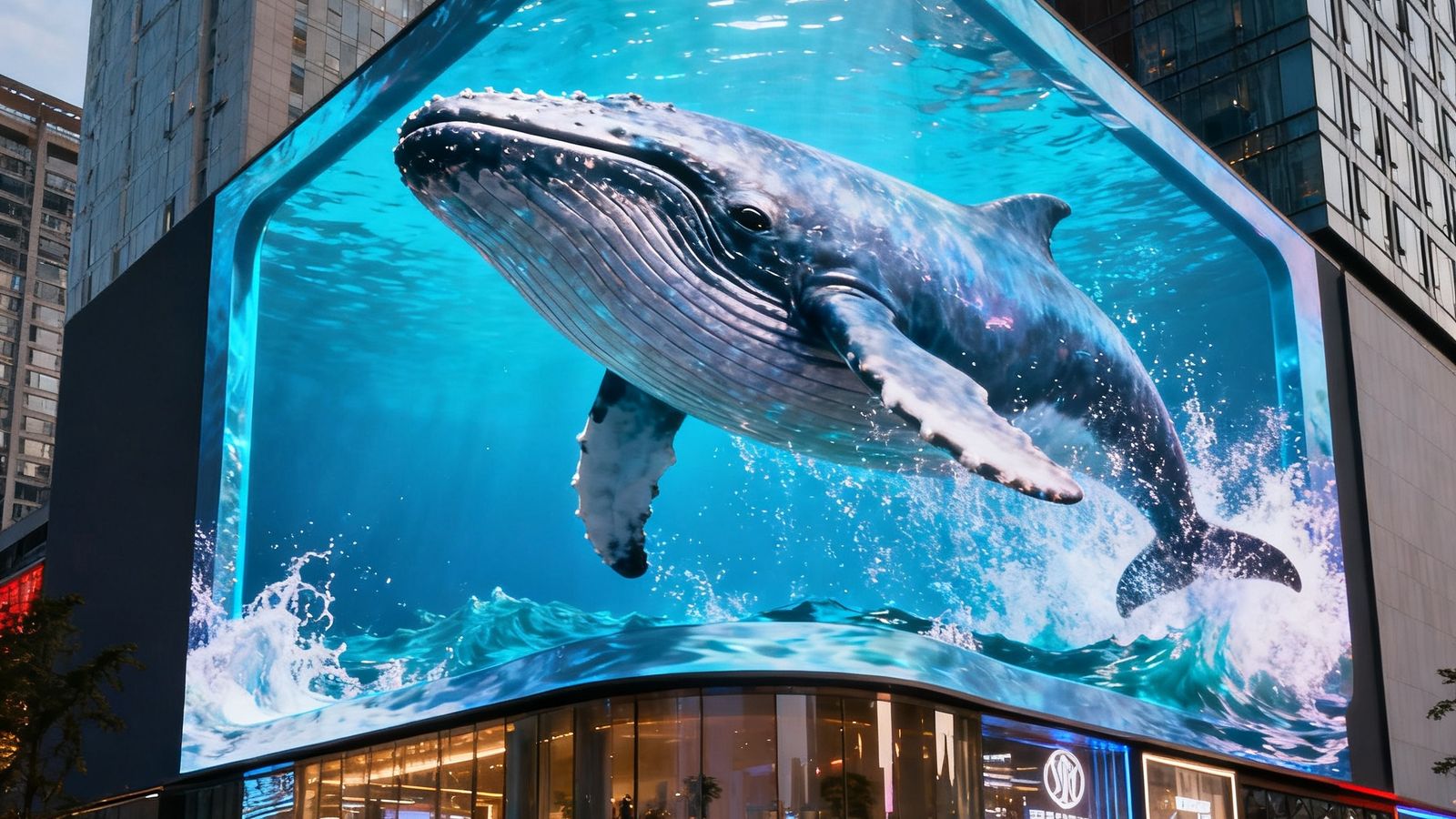 成都春熙路商圈的大型裸眼3D LED显示屏，曲面屏幕覆盖建筑转角两面，显示立体鲸鱼跃出画面，下方人流如织