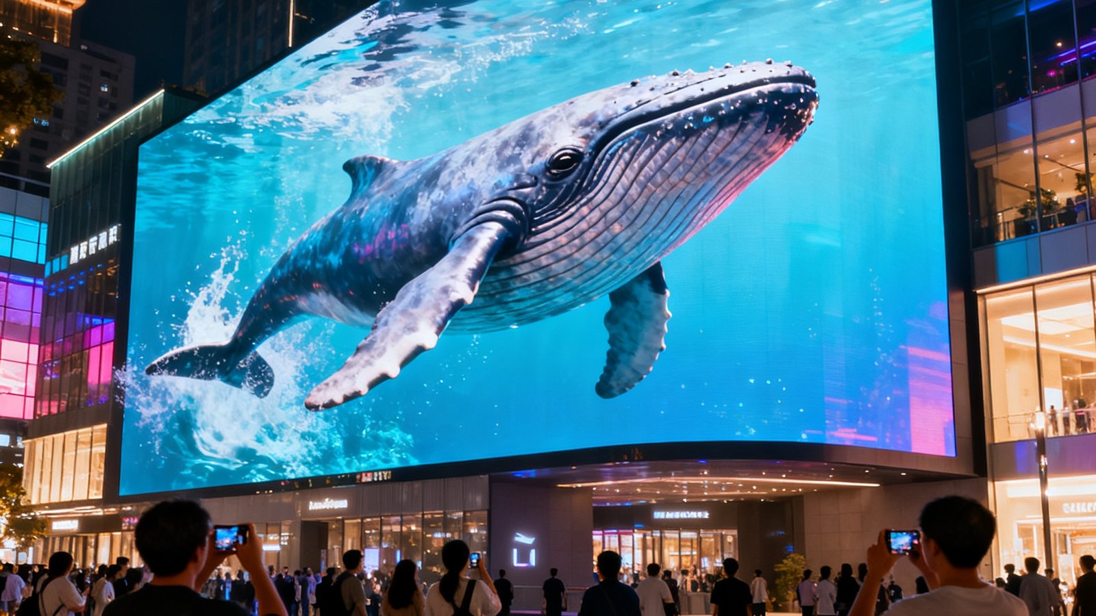 城市商业中心广场上安装的大型裸眼3D LED显示屏，播放着栩栩如生的立体视觉效果，吸引众多路人驻足观看和拍照，屏幕上跃出一只立体鲸鱼