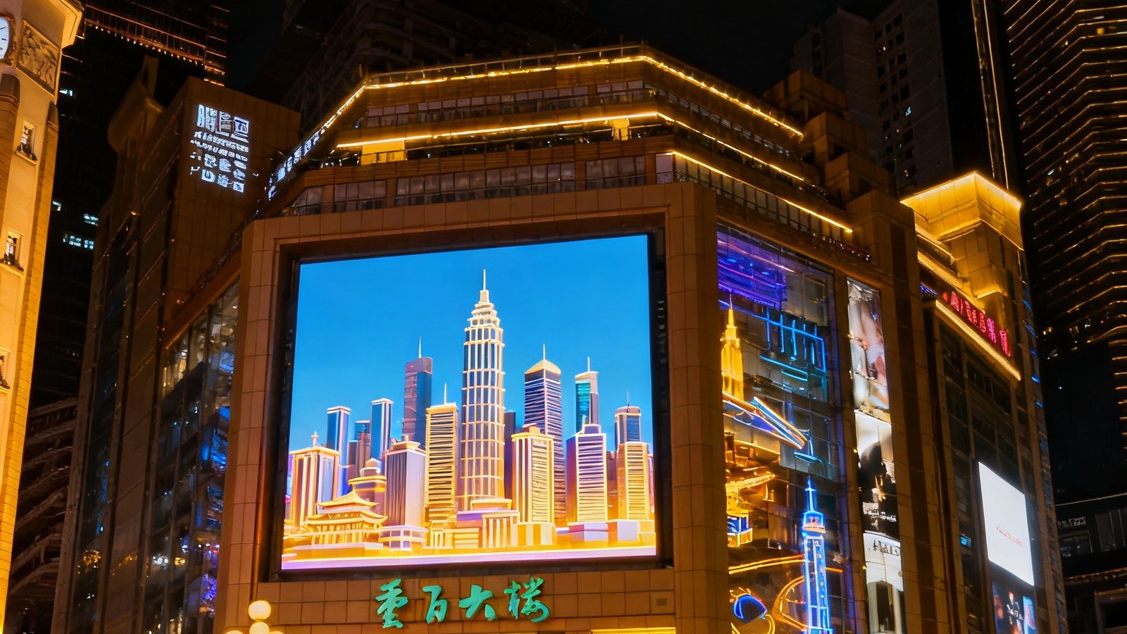 重庆解放碑商圈新落成的裸眼3D大屏在夜晚点亮，屏幕呈现立体城市天际线画面，周围建筑灯光璀璨