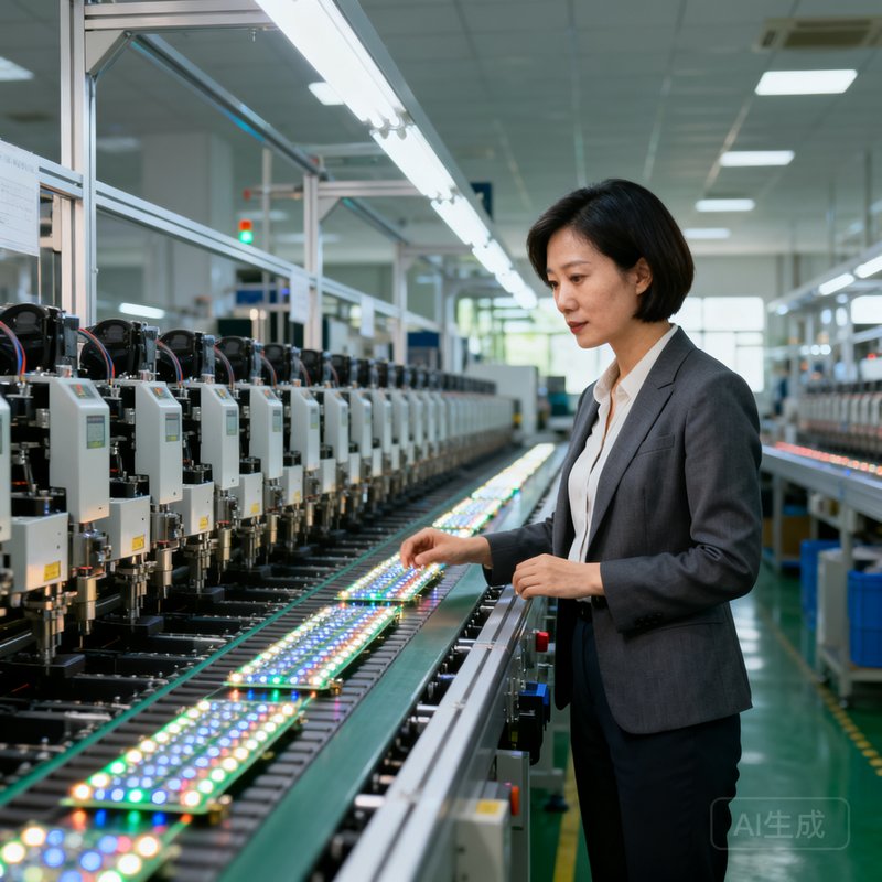 WM视讯COO张敏，一位干练的短发女性管理者，站在公司生产车间前查看LED模组组装线